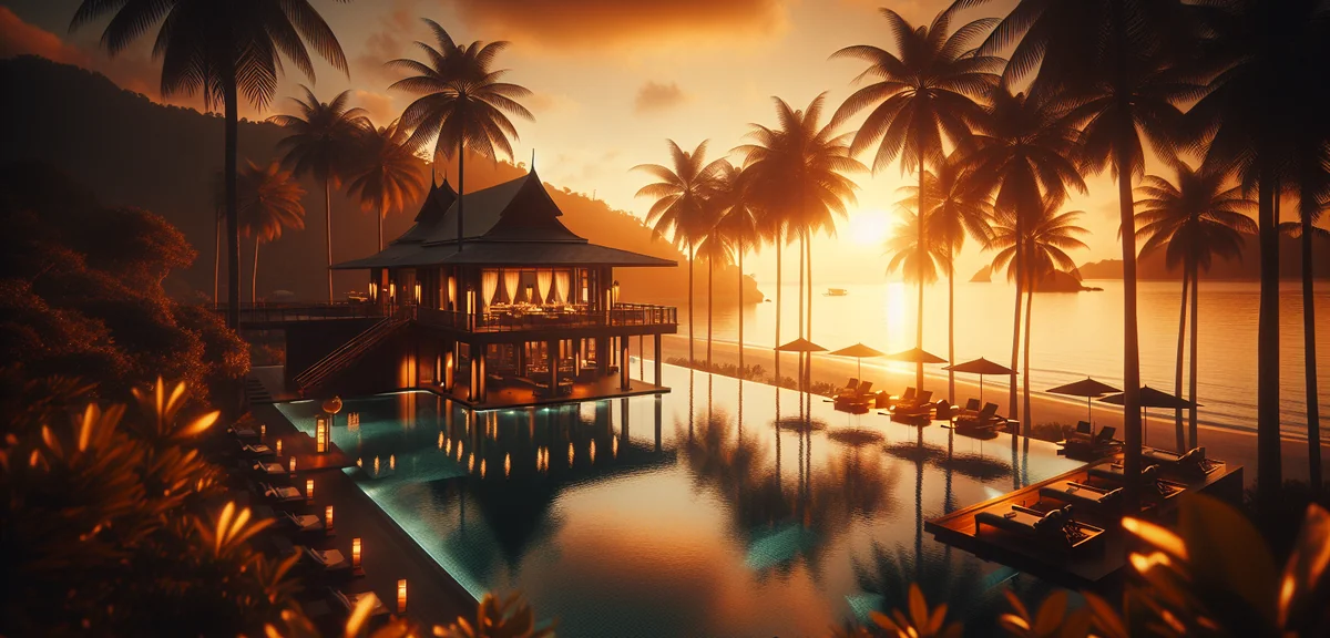 Luxury infinity pool overlooking Andaman Sea at Phuket resort during golden hour, palm trees silhoue