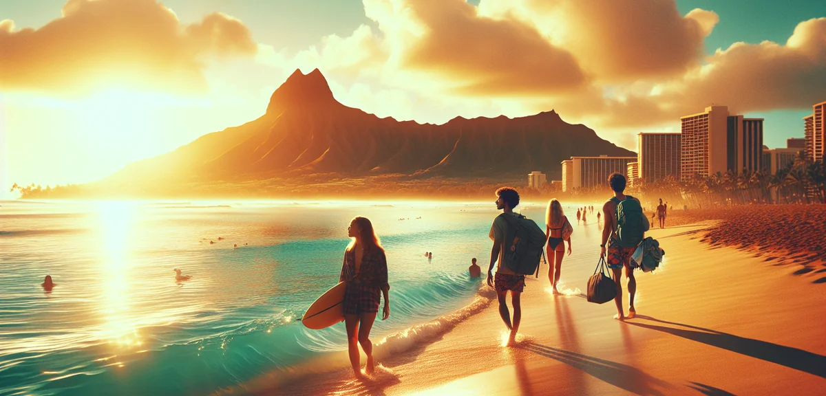 Waikiki Beach panorama with turquoise water and Diamond Head mountain, young travelers with beach ge