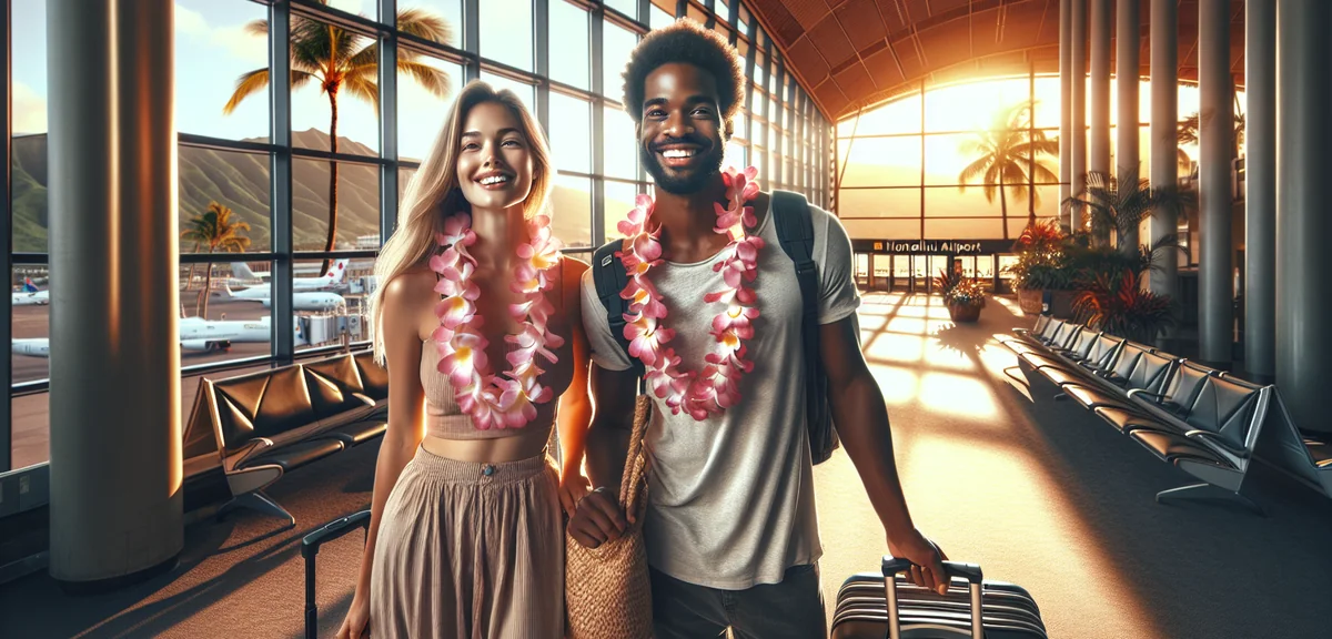 Happy couple at Honolulu airport arrival with luggage and flower lei, tropical plants visible throug