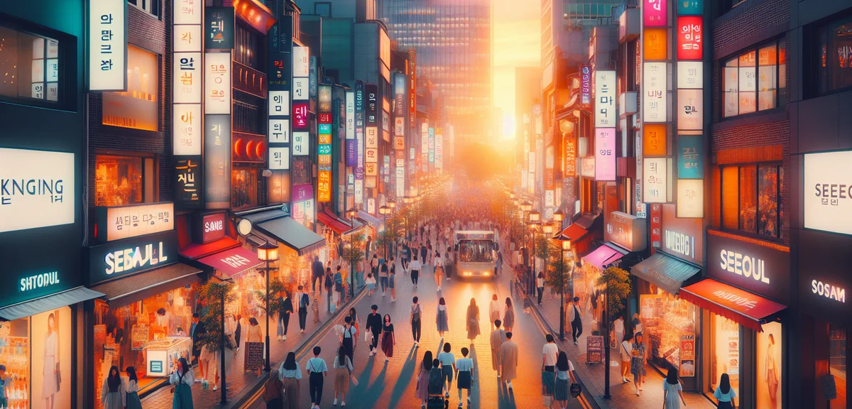 Vibrant Myeongdong shopping street in Seoul at night with neon signs and crowds of shoppers, Korean 