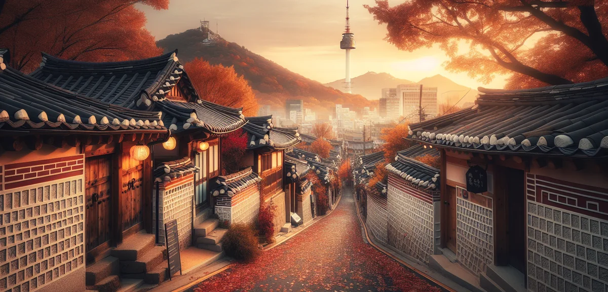 Traditional Korean Bukchon Hanok Village alley with wooden houses and Seoul Tower visible in backgro