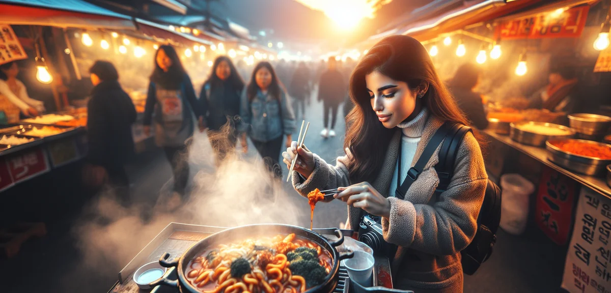 Young female traveler trying Korean street food tteokbokki at Gwangjang Market with steam rising, li