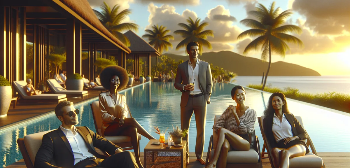 Business professionals enjoying leisure time at luxury resort pool area, relaxed atmosphere with oce