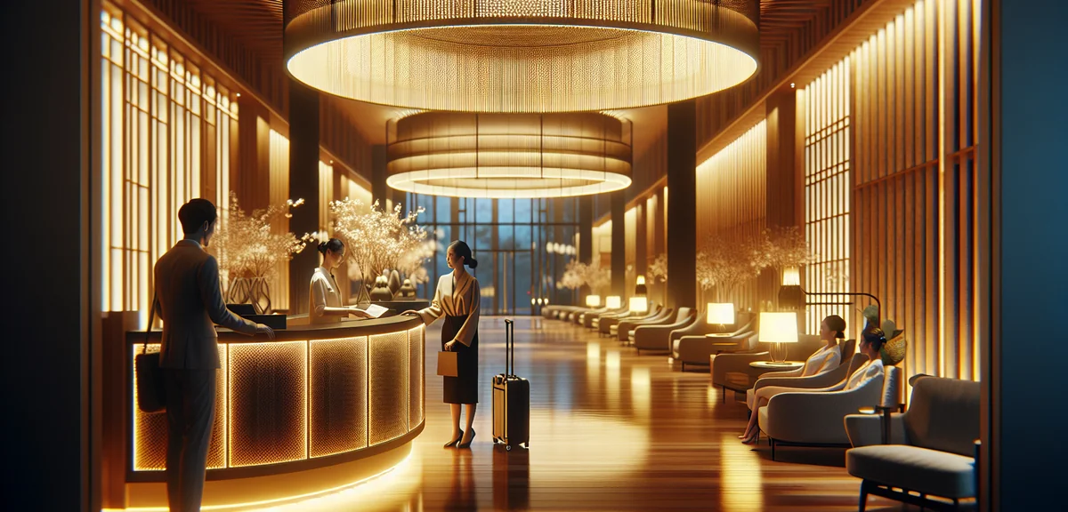 Modern hotel lobby with elegant Japanese design elements, concierge helping corporate guests check i