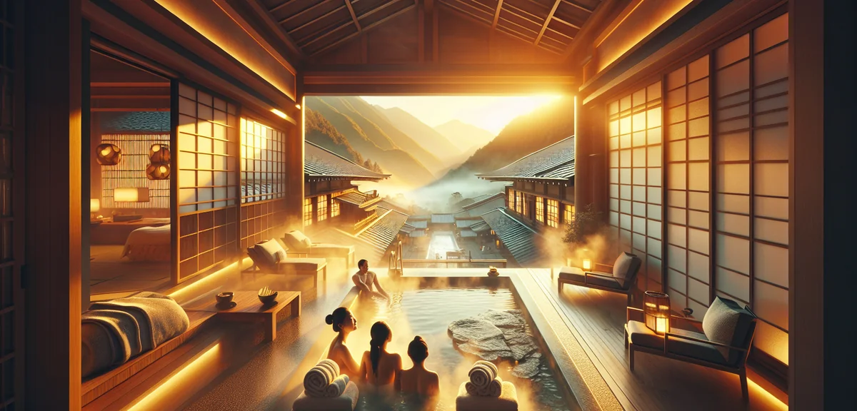 Happy Japanese family relaxing in premium ryokan hot spring suite with mountain view, steam rising f
