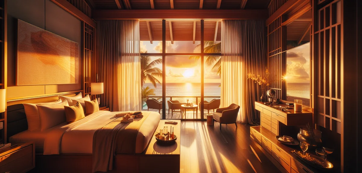 Luxury resort hotel room interior with ocean view balcony, premium amenities and king-size bed, warm