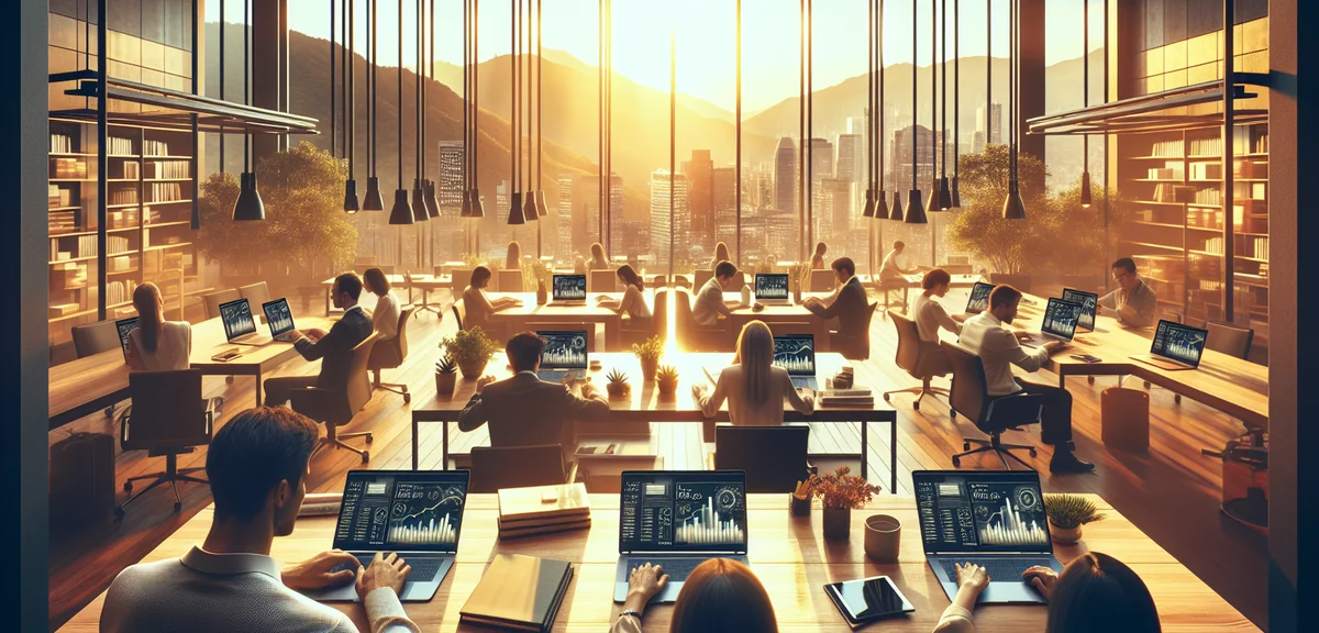 Japanese corporate HR team working on laptops in modern open office, screens showing employee satisf