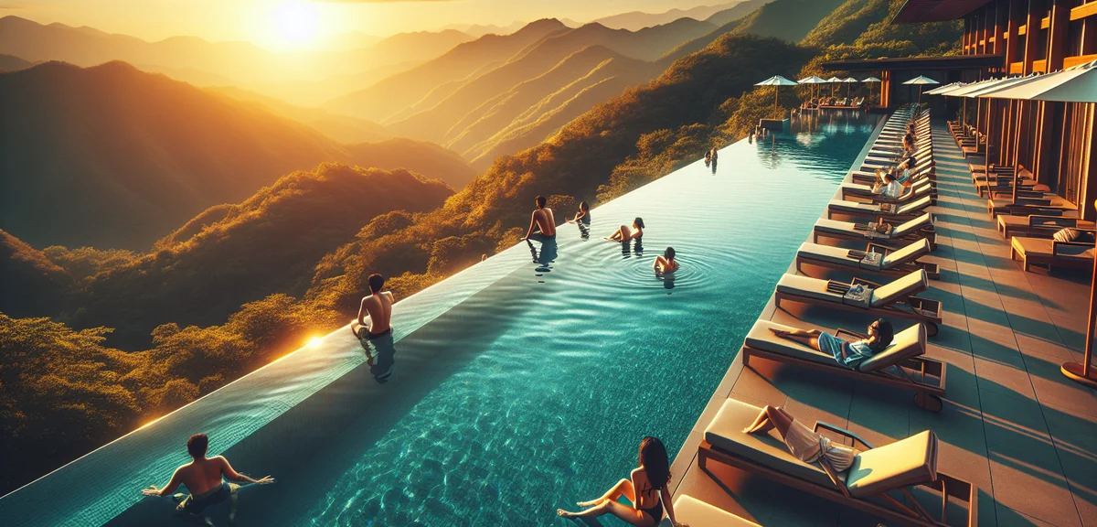 Beautiful infinity pool at Japanese luxury resort overlooking green mountains, guests relaxing on su