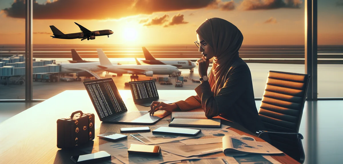 Corporate HR manager comparing documents and laptop screens with hotel booking data, organized moder