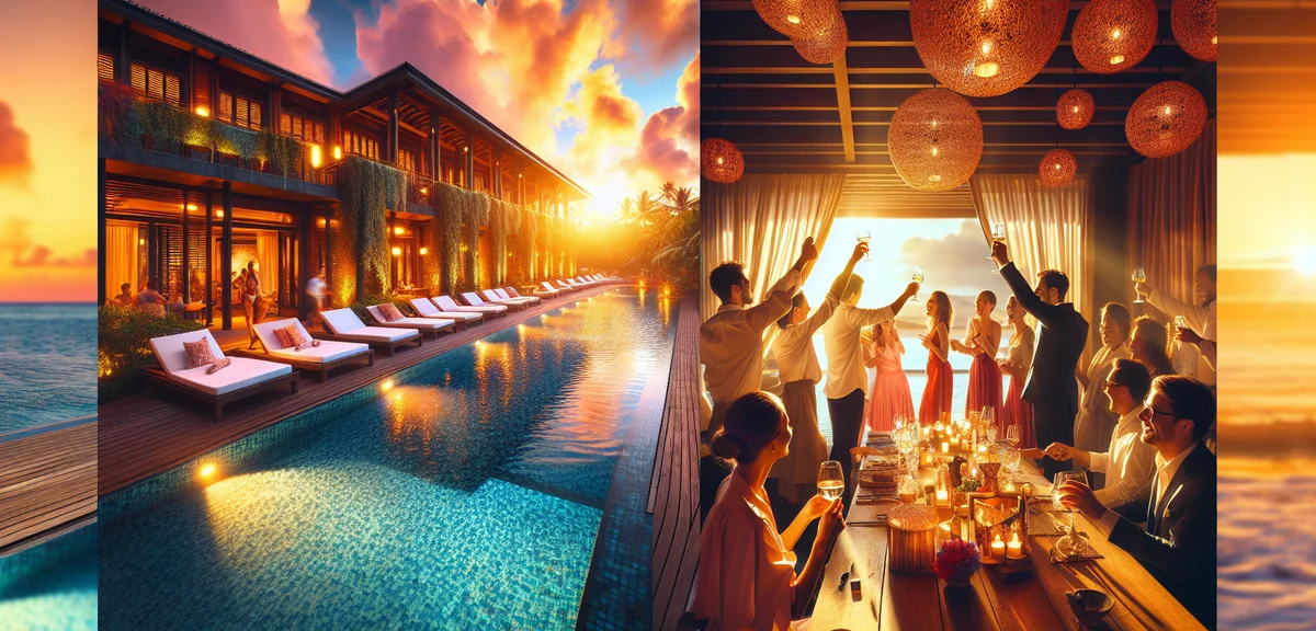 Split image showing luxury resort pool on one side and happy employees on the other side celebrating