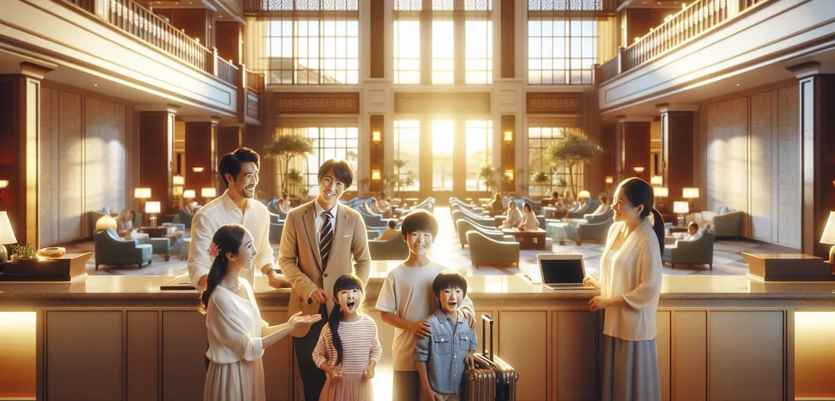 Japanese family of four checking into beautiful resort hotel lobby, children excited, elegant interi