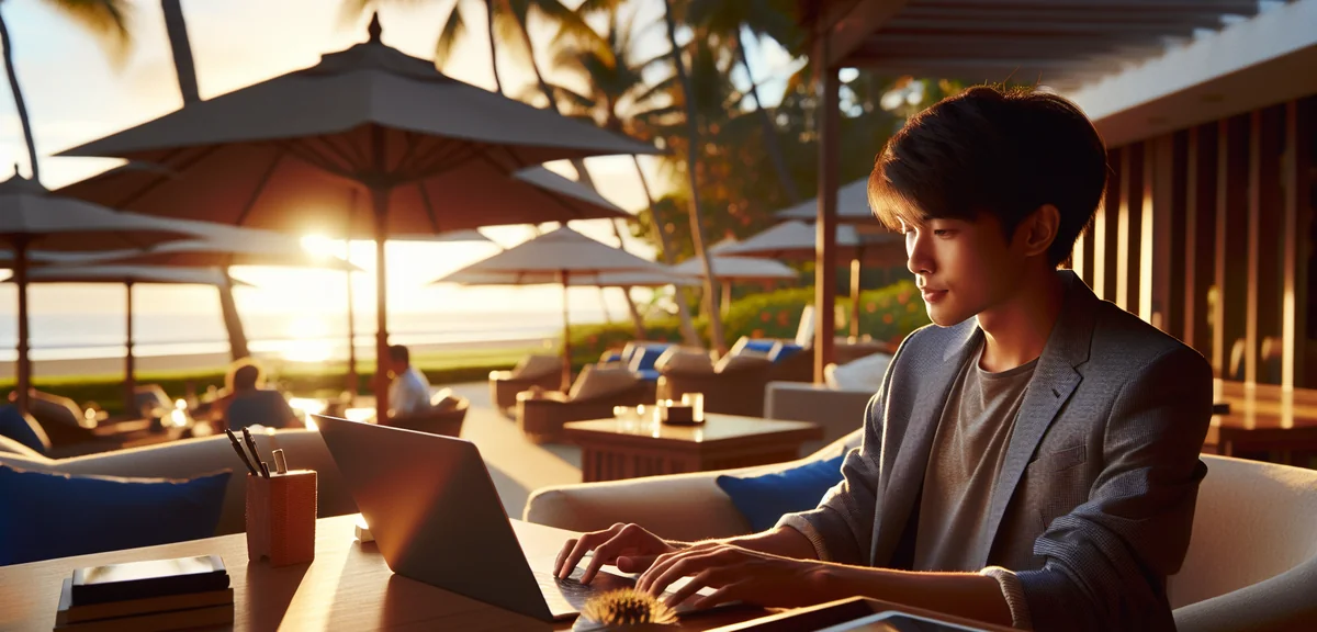 Young Japanese professional working on laptop at resort cafe with tropical garden view, relaxed work