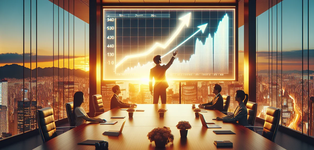 Japanese HR manager presenting employee satisfaction survey results on large screen to executives, p