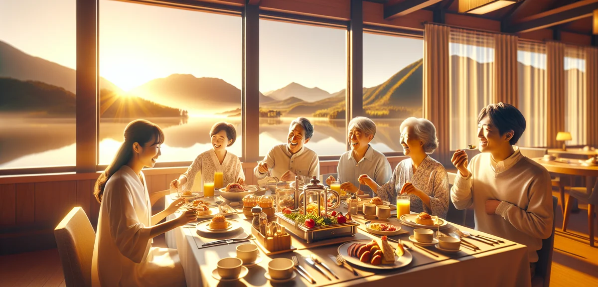 Multi-generational Japanese family enjoying luxury hotel breakfast buffet with panoramic mountain vi