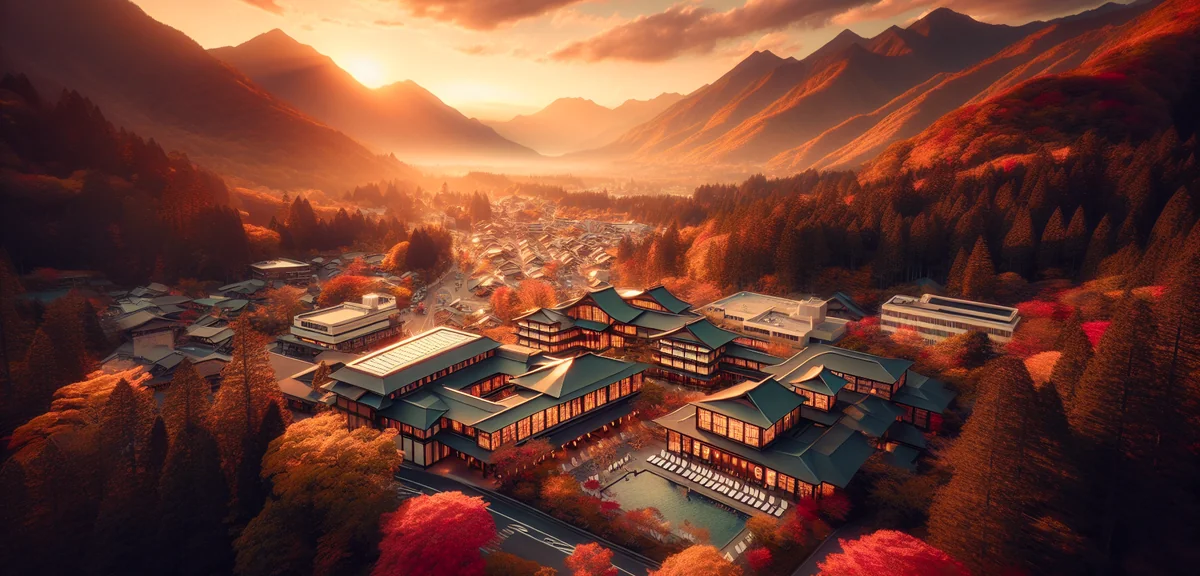 Aerial view of beautiful Japanese onsen resort surrounded by mountains and autumn foliage with moder