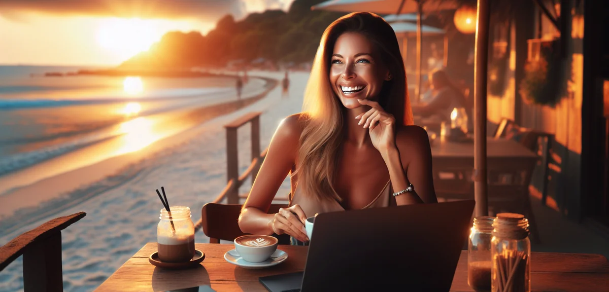 Happy remote worker video calling team from beachside cafe with laptop and coffee, relaxed professio