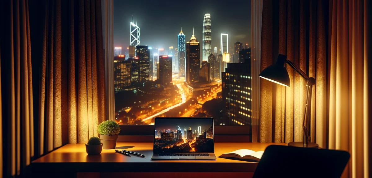 Neat business hotel room with laptop open on desk, city skyline view through window at night, warm d