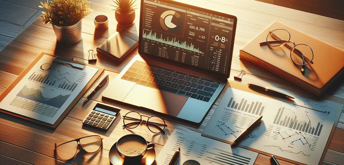 Corporate expense report spreadsheets and charts on laptop screen showing cost reduction graphs, cof