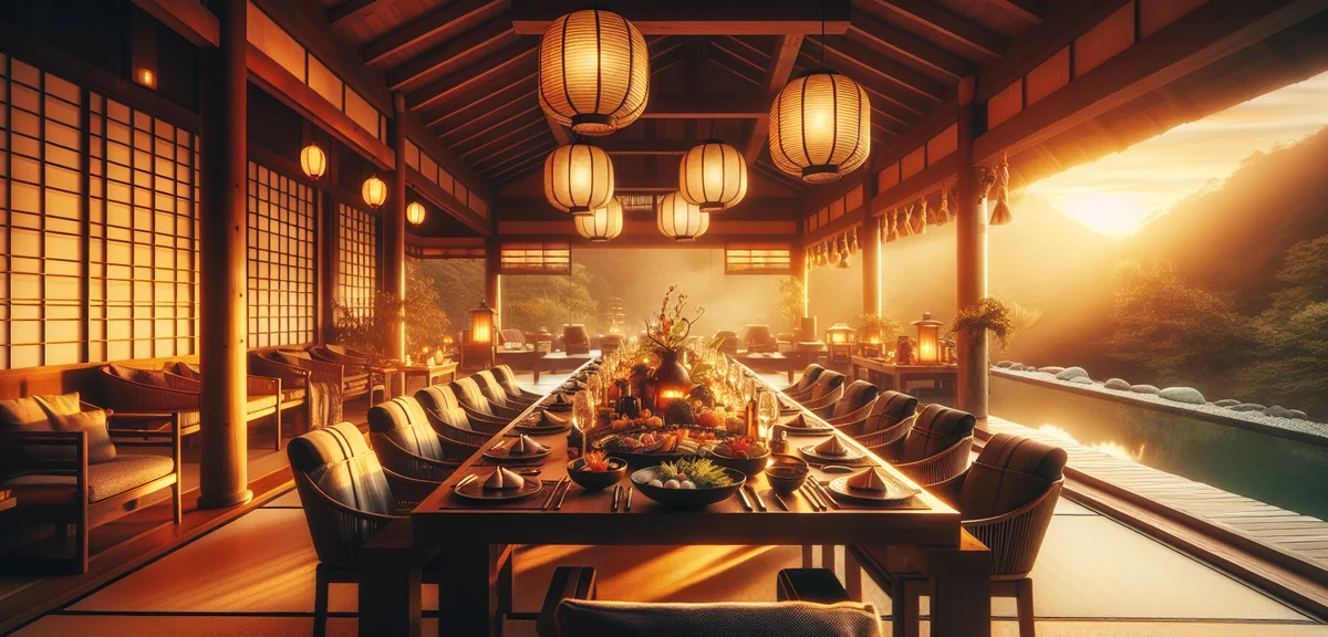 Beautifully set banquet table at Japanese ryokan with traditional kaiseki dinner, paper lanterns and