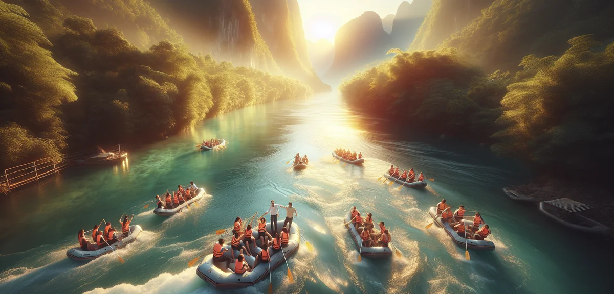 Exciting team building activity outdoors with office workers doing rafting on crystal clear river su