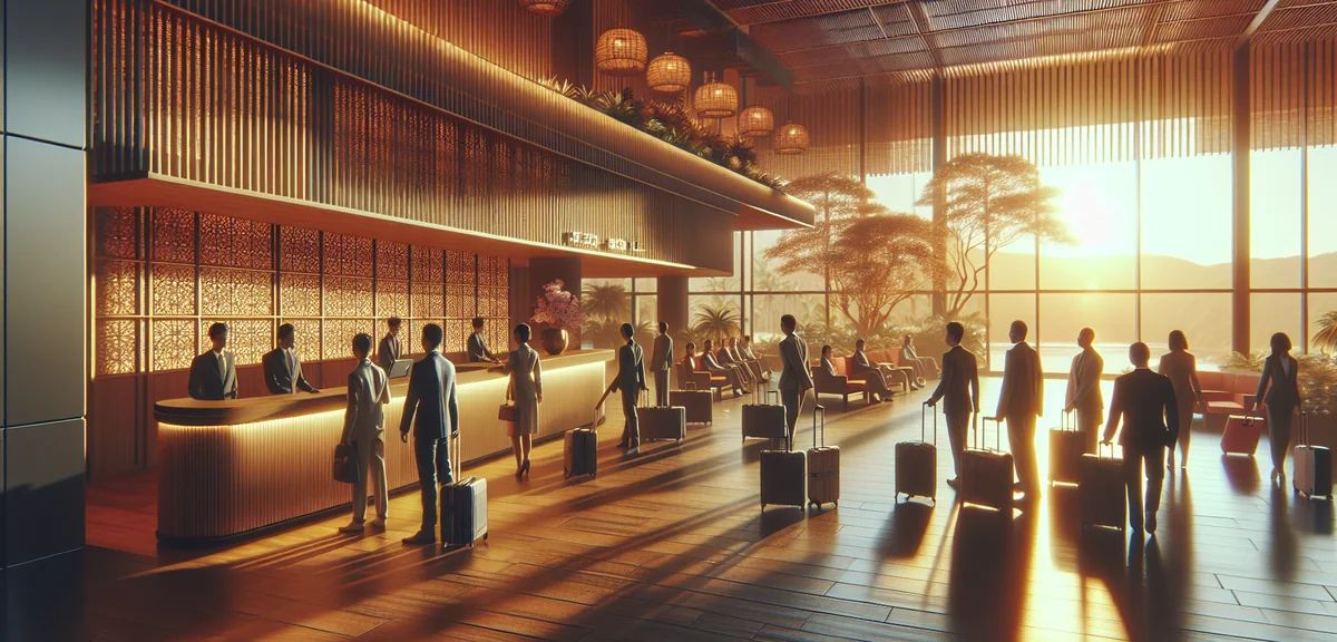 Modern Japanese resort hotel lobby with check-in counter and group of business travelers with luggag