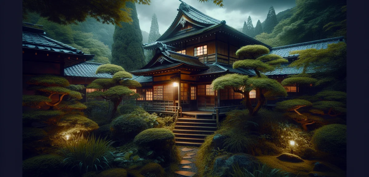 Empty traditional Japanese corporate retreat building showing aging exterior with overgrown garden, 