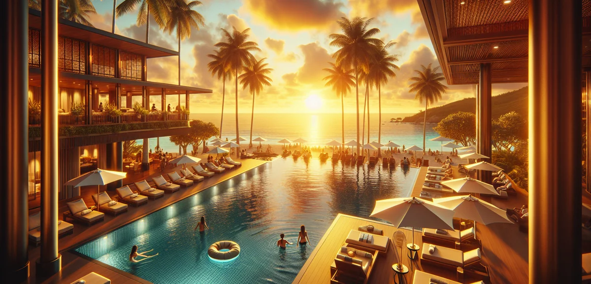 Business professionals enjoying luxury resort pool area with ocean view, families relaxing together,