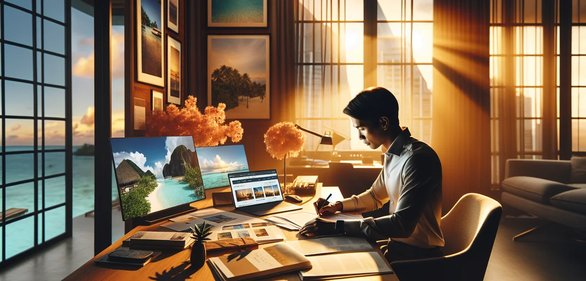 Japanese HR manager reviewing documents at modern office desk with resort brochures and laptop showi