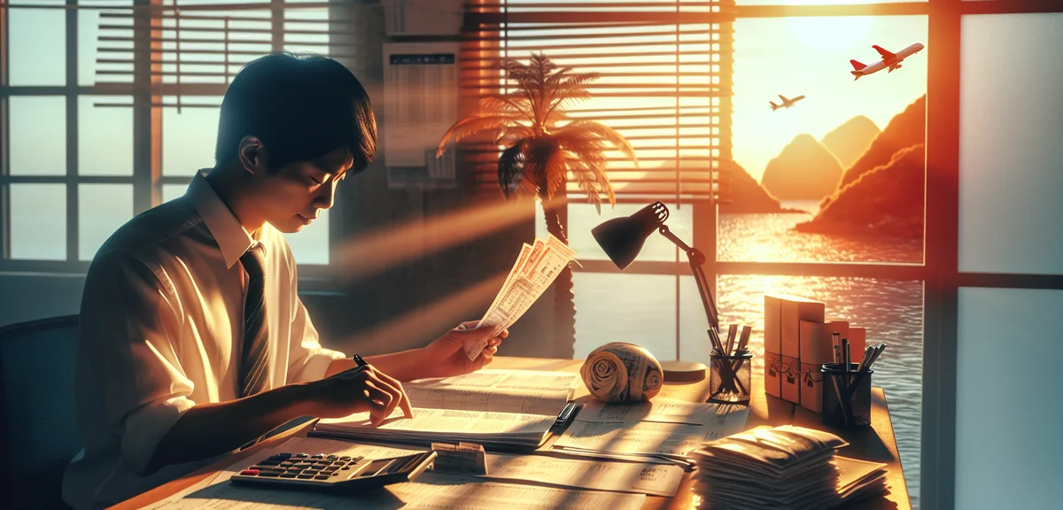 Japanese accountant carefully reviewing tax documents and calculator at organized desk with travel e