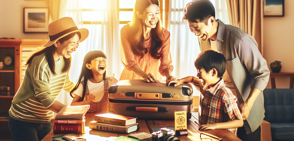 Japanese family of four excitedly packing suitcases in bright living room with travel guidebooks and