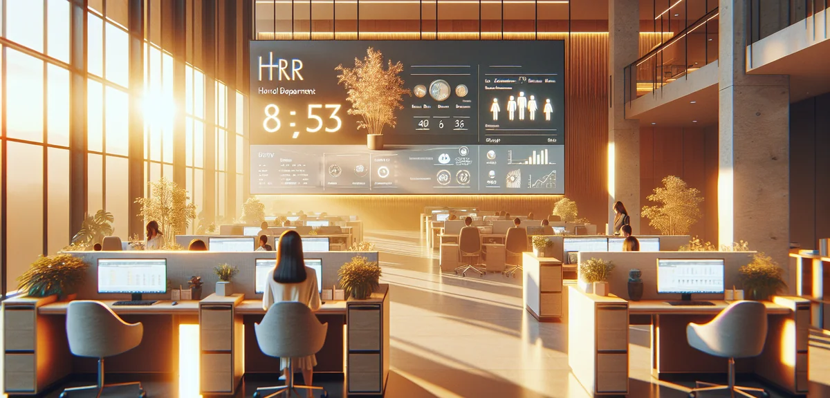 Modern Japanese company HR department with digital screen showing employee benefit program dashboard