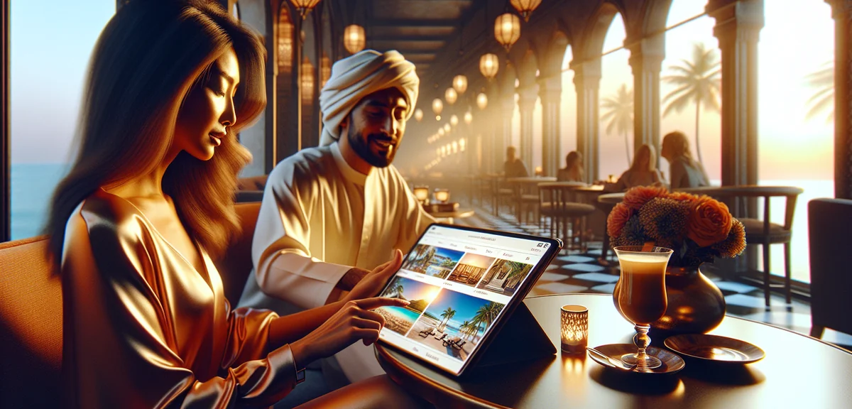 Couple browsing luxury hotel booking on tablet at stylish cafe with tropical destination photos visi