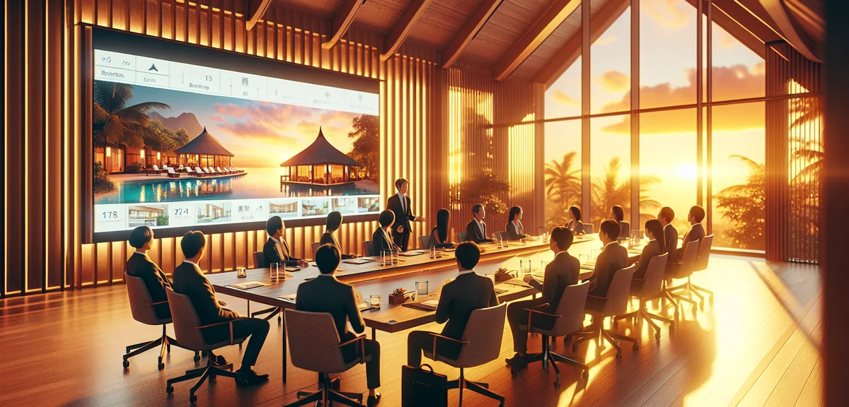 Japanese business team in modern meeting room discussing employee benefits with presentation showing