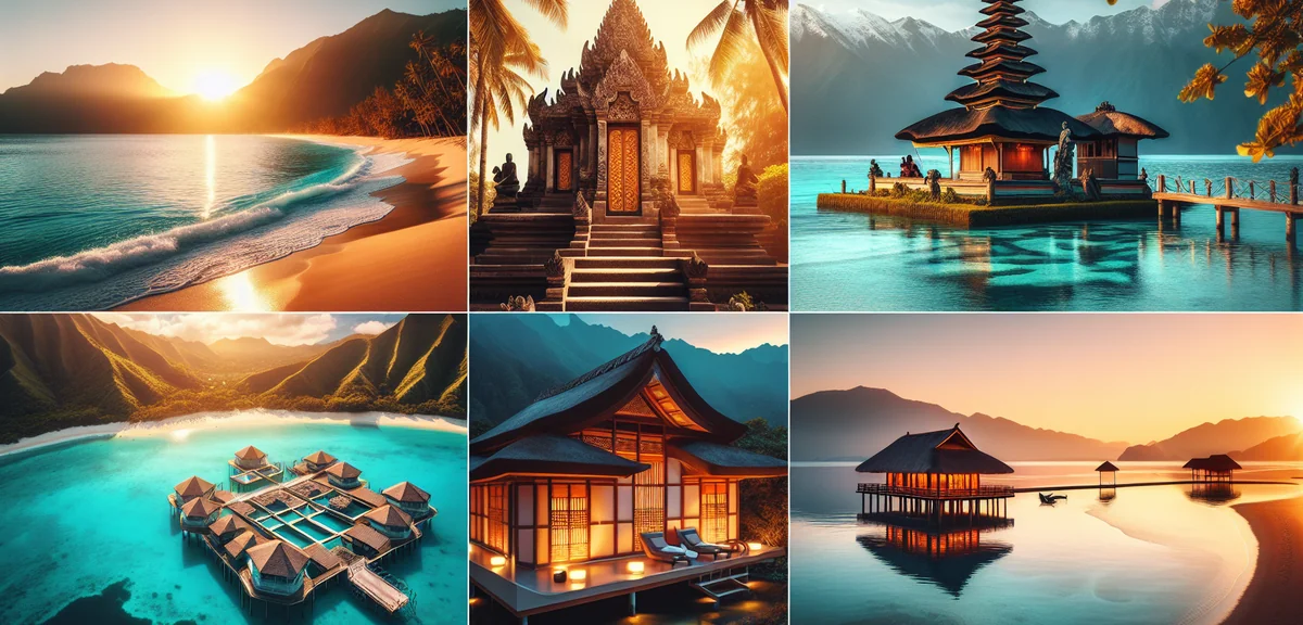 Beautiful collage of travel destinations including Hawaii beach, Bali temple, Maldives overwater vil