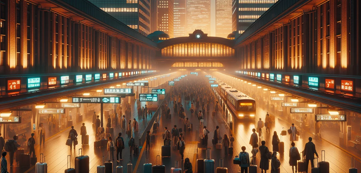 Busy nighttime bus terminal in Tokyo with illuminated departure boards and travelers with luggage wa