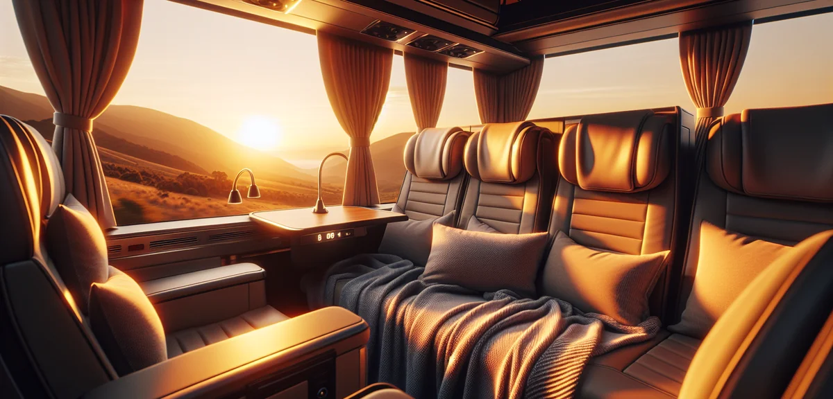 Close-up of comfortable 3-row independent seat in premium night bus with blanket and neck pillow, pr