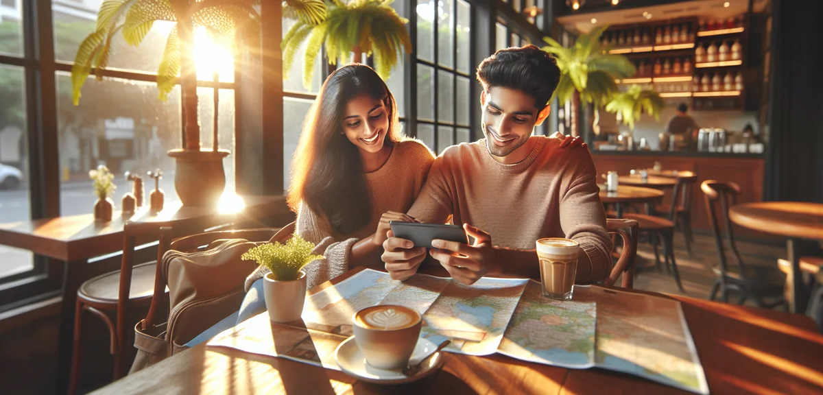 Young couple happily planning travel route on smartphone at modern cafe table with coffee cups, brig