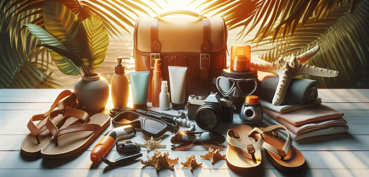 Neatly organized travel essentials flat lay for beach vacation including sunscreen, rashguard, sungl