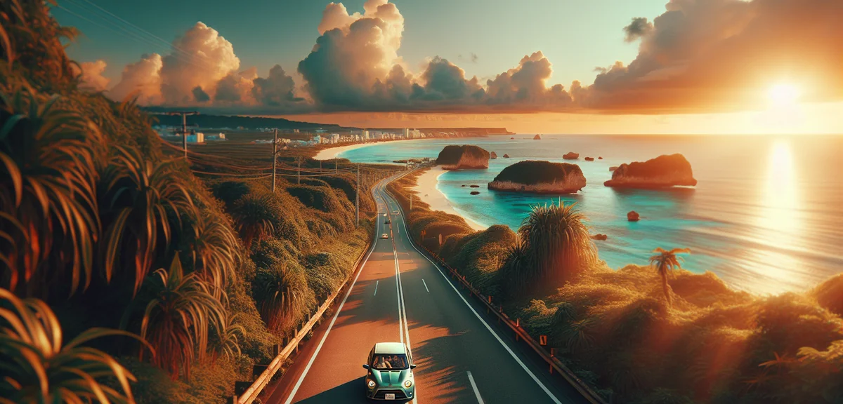 Scenic Okinawa coastal road with rental car driving along turquoise ocean, lush green vegetation, bl