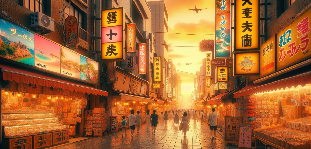 Vibrant Kokusai Street in Naha at evening with colorful shop signs, tourists walking, Okinawan souve