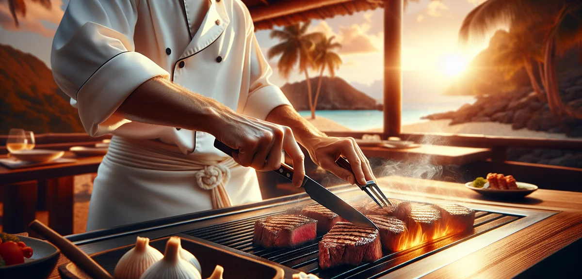 Delicious Kobe beef steak being grilled on teppanyaki grill with chef hands visible, juicy marbling,