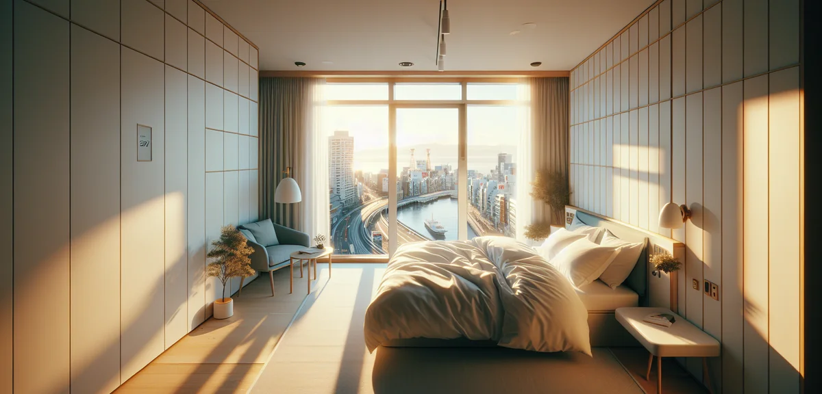 Modern budget hotel room with clean white interior and large window showing Kobe city view, compact 