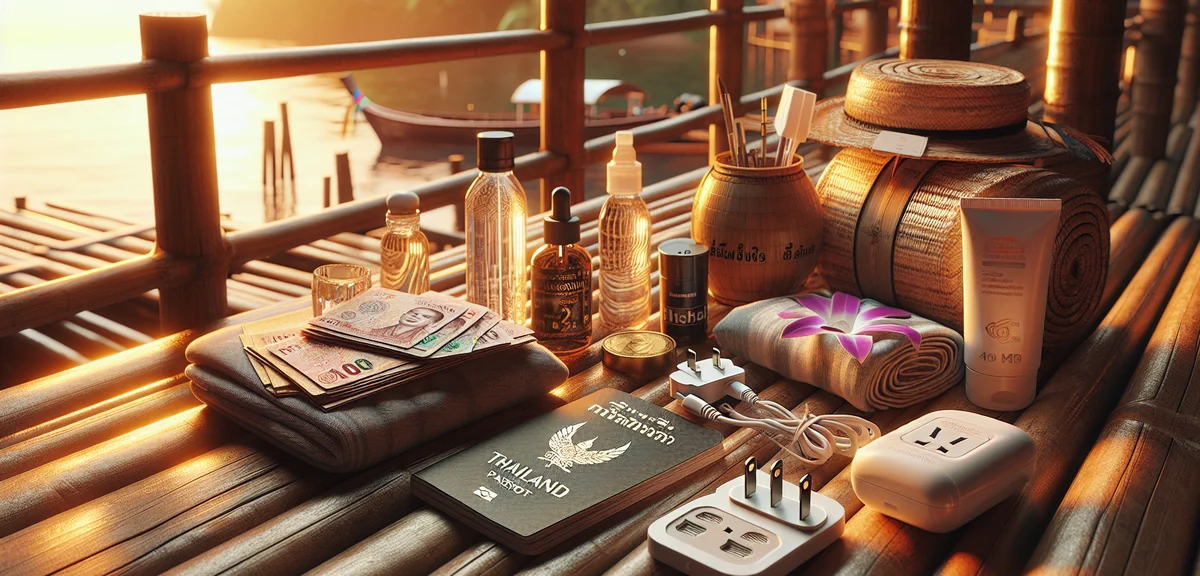 Neatly arranged Thailand travel essentials flat lay on bamboo surface including passport, Thai baht 