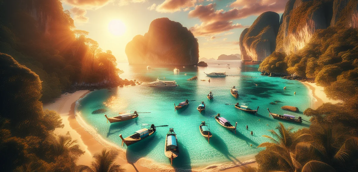 Crystal clear turquoise waters of Phuket beach with longtail boats anchored, dramatic limestone clif