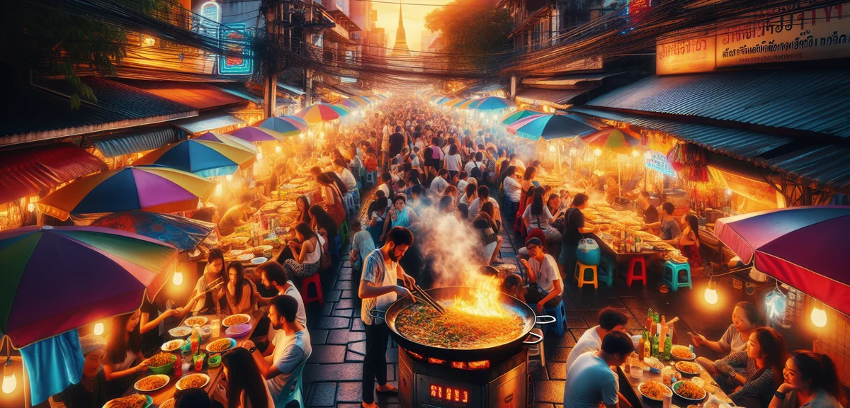Bustling Bangkok night market Khao San Road with colorful street food stalls, pad thai cooking with 