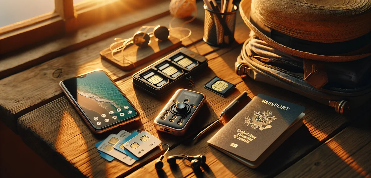 Flat lay of travel communication essentials on wooden table including smartphone, SIM cards, portabl