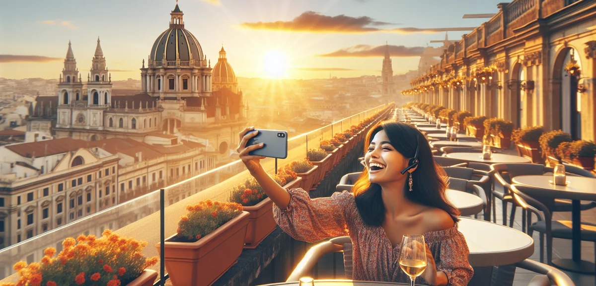 Young woman happily video calling from scenic European rooftop cafe terrace with city panorama, warm