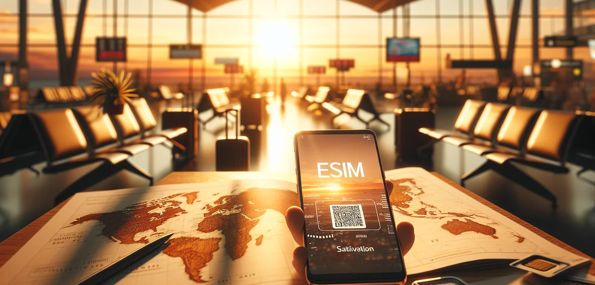 Close-up of eSIM activation screen on modern smartphone with world map wallpaper, airport departure 